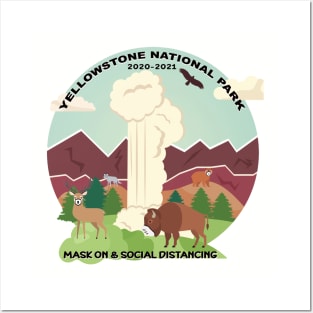 Mask On and Social Distancing at Old Faithful, Yellowstone National Park Posters and Art